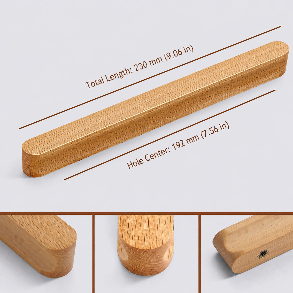 Measurements and mounting details for beech wood cabinet finger pull with a gently curved face (192 mm hole centers).