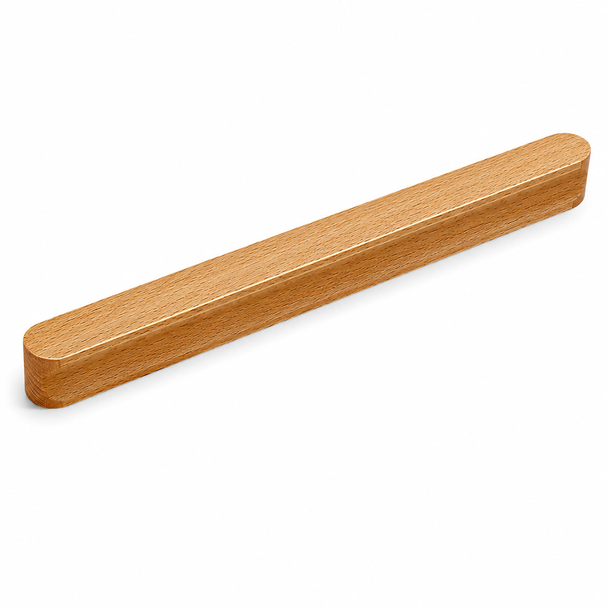 Beech wood cabinet finger pull with a gently curved face (192 mm hole centers).
