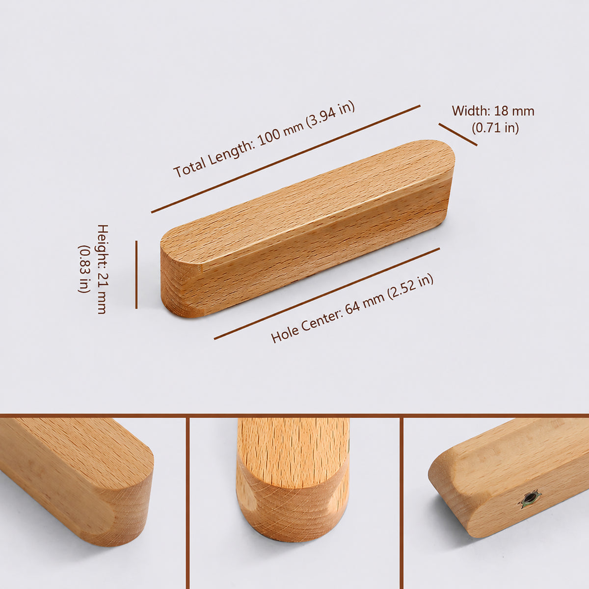 Measurements and mounting details for beech wood cabinet finger pull with a gently curved face (64 mm hole centers).