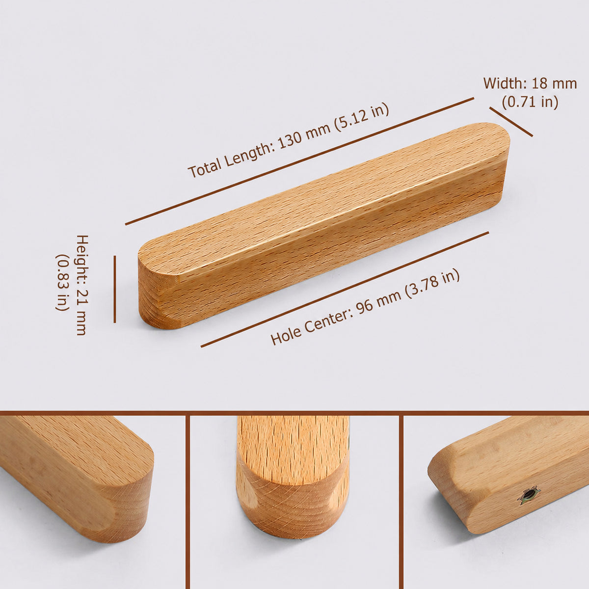 Measurements and mounting details for beech wood cabinet finger pull with a gently curved face (96 mm hole centers).