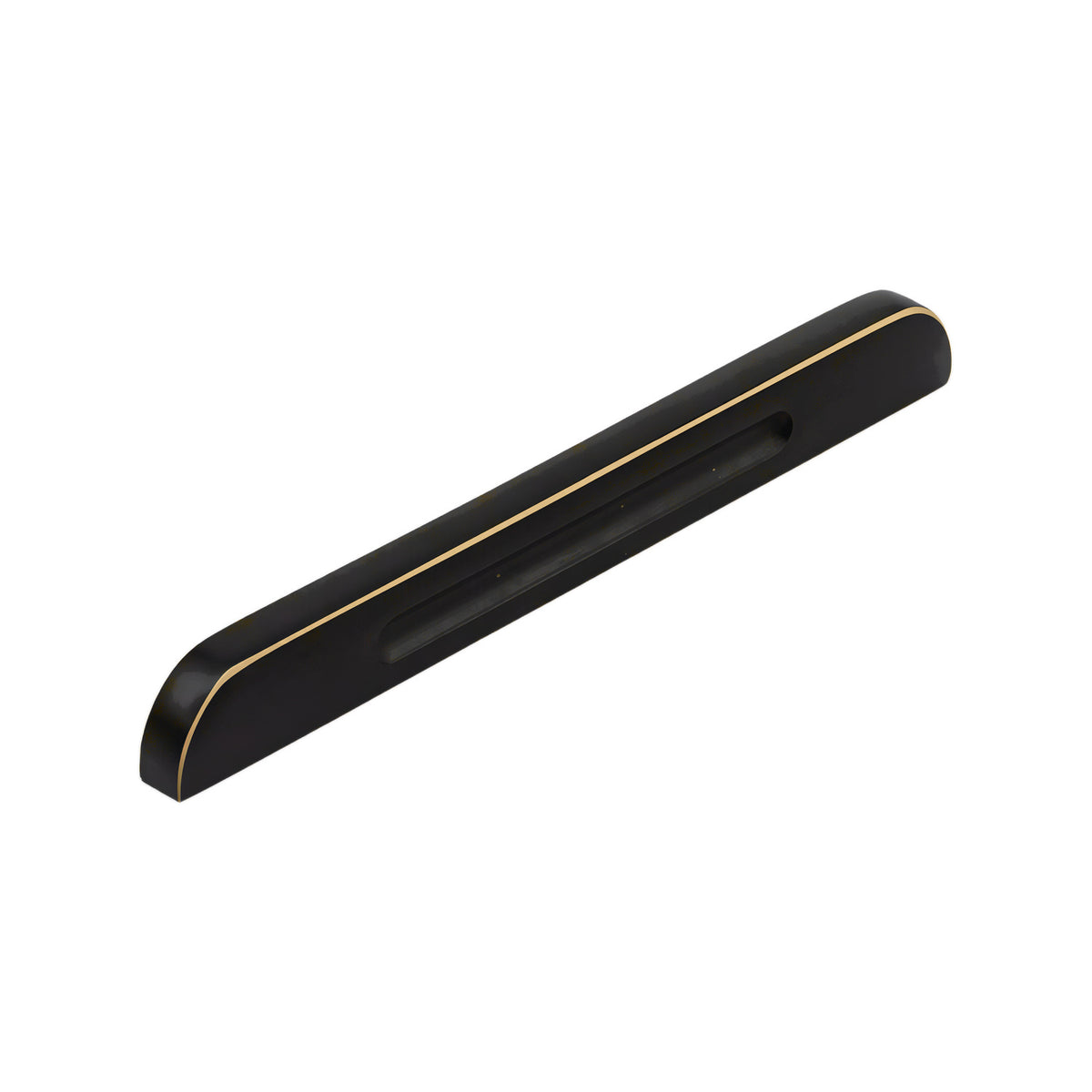Black recessed finger pull with a thin brass-tone edge, 128 mm.