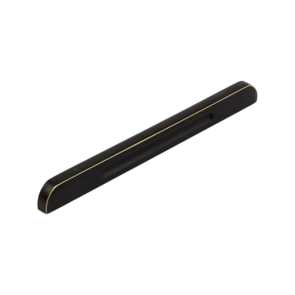 Black recessed finger pull with a thin brass-tone edge, 160 mm.
