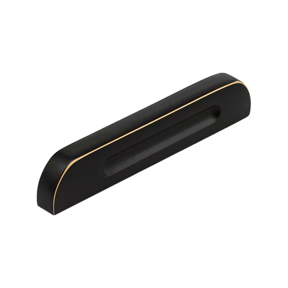 Black recessed finger pull with a thin brass-tone edge, 64 mm.