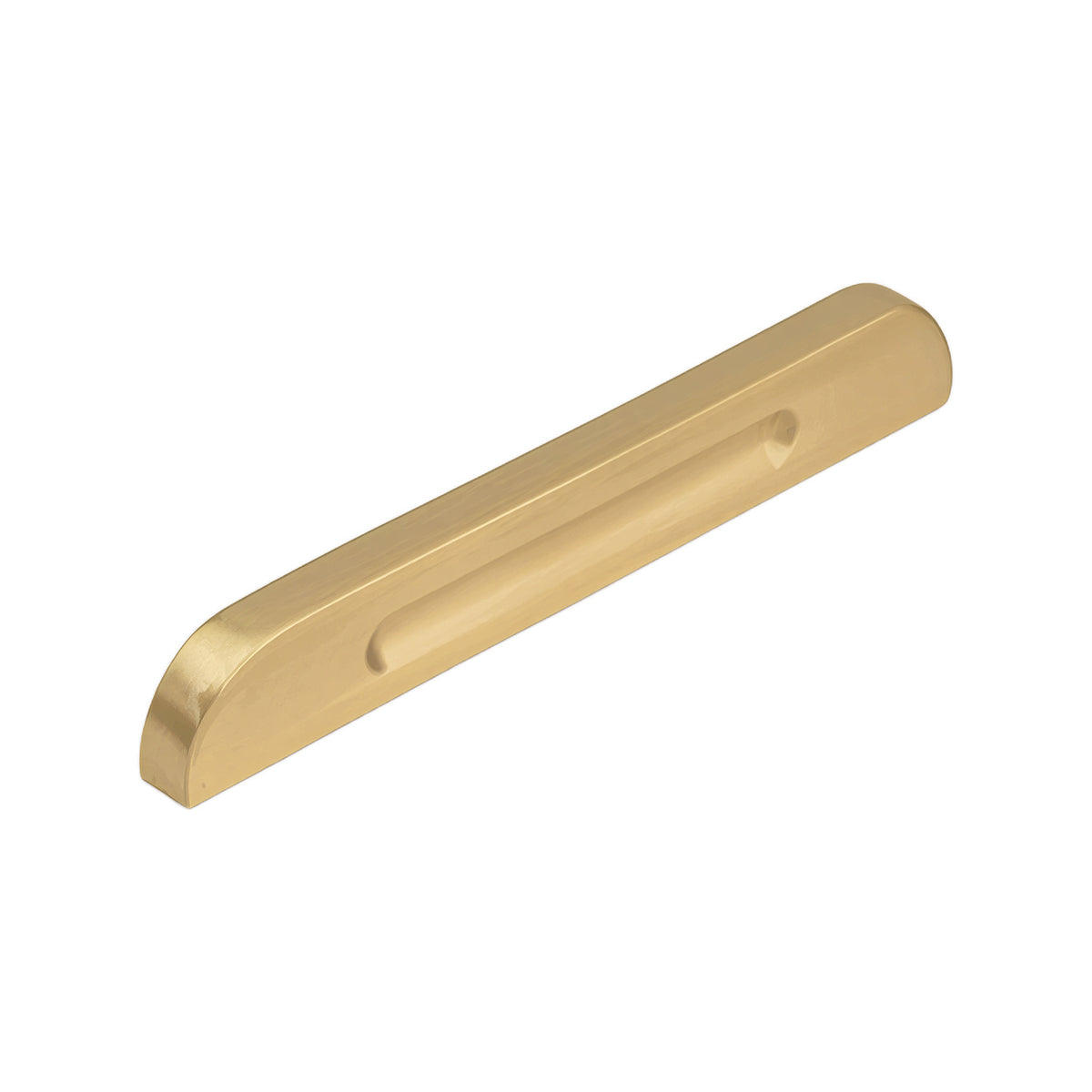 Brass-tone recessed finger pull with rounded ends, 96 mm.