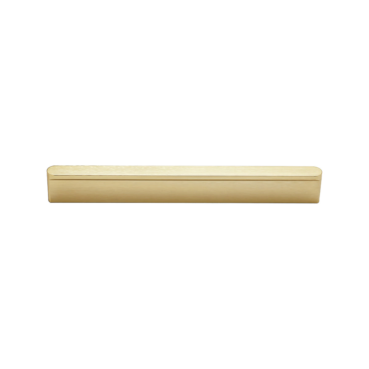Brass-tone straight finger pull with a slim lipped edge, 128 mm.