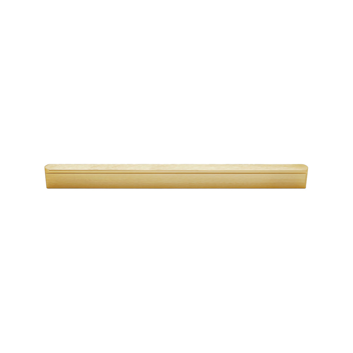 Brass-tone straight finger pull with a slim lipped edge, 192 mm.