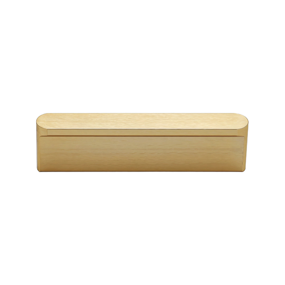 Brass-tone straight finger pull with a slim lipped edge, 64 mm.