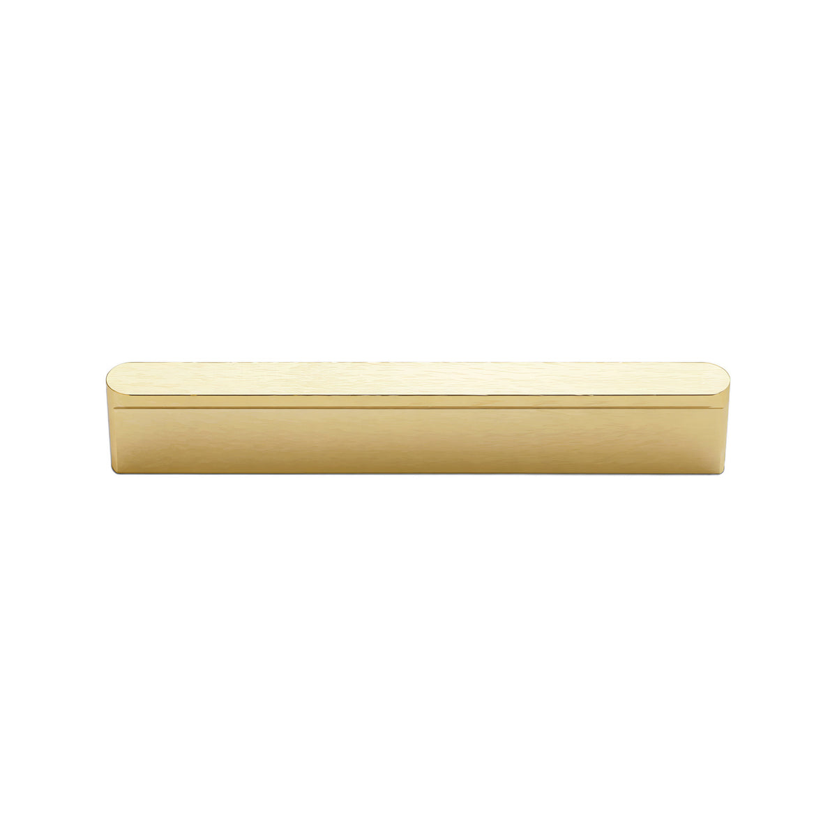 Brass-tone straight finger pull with a slim lipped edge, 96 mm.