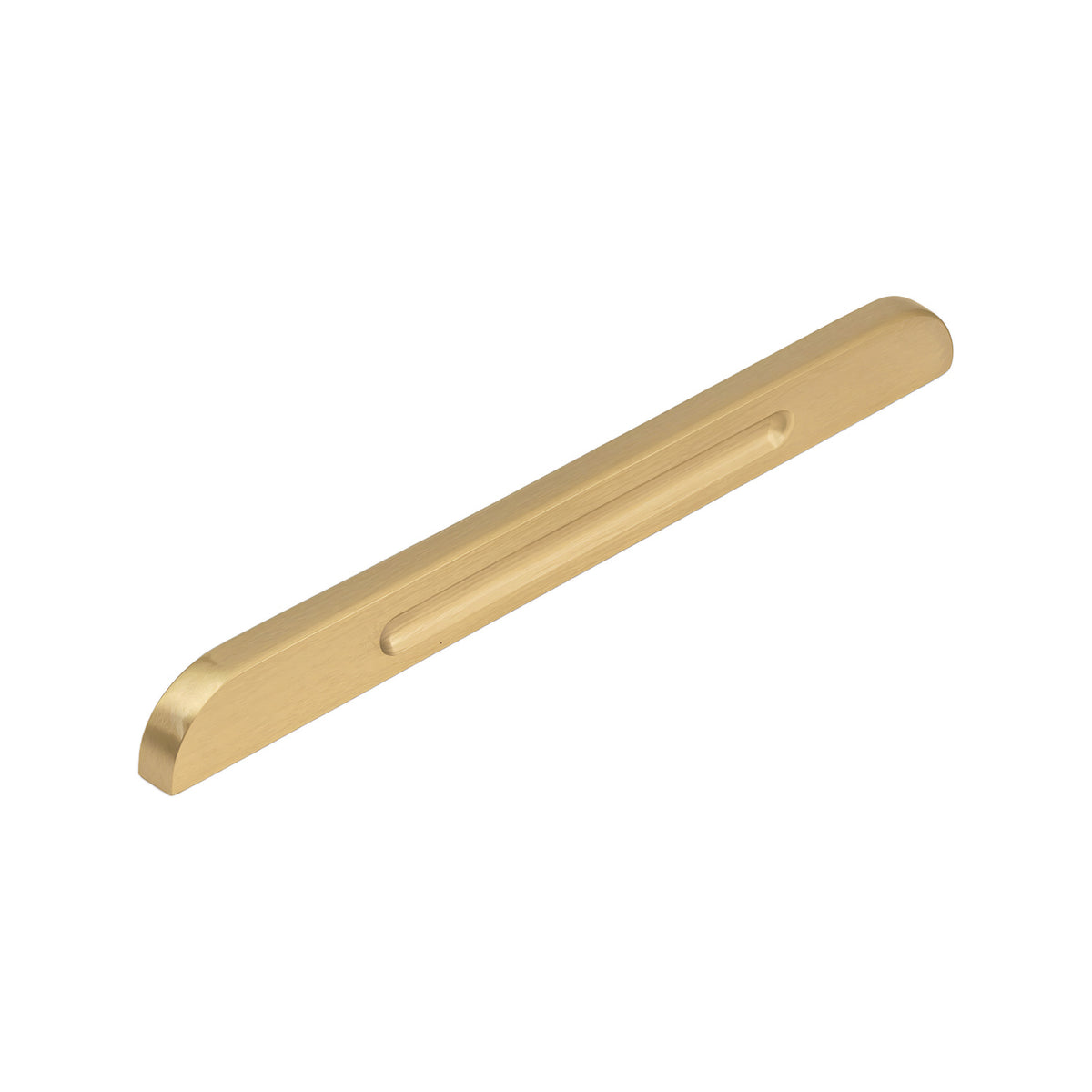 Brass-tone tapered finger pull with a recessed grip, 160 mm.