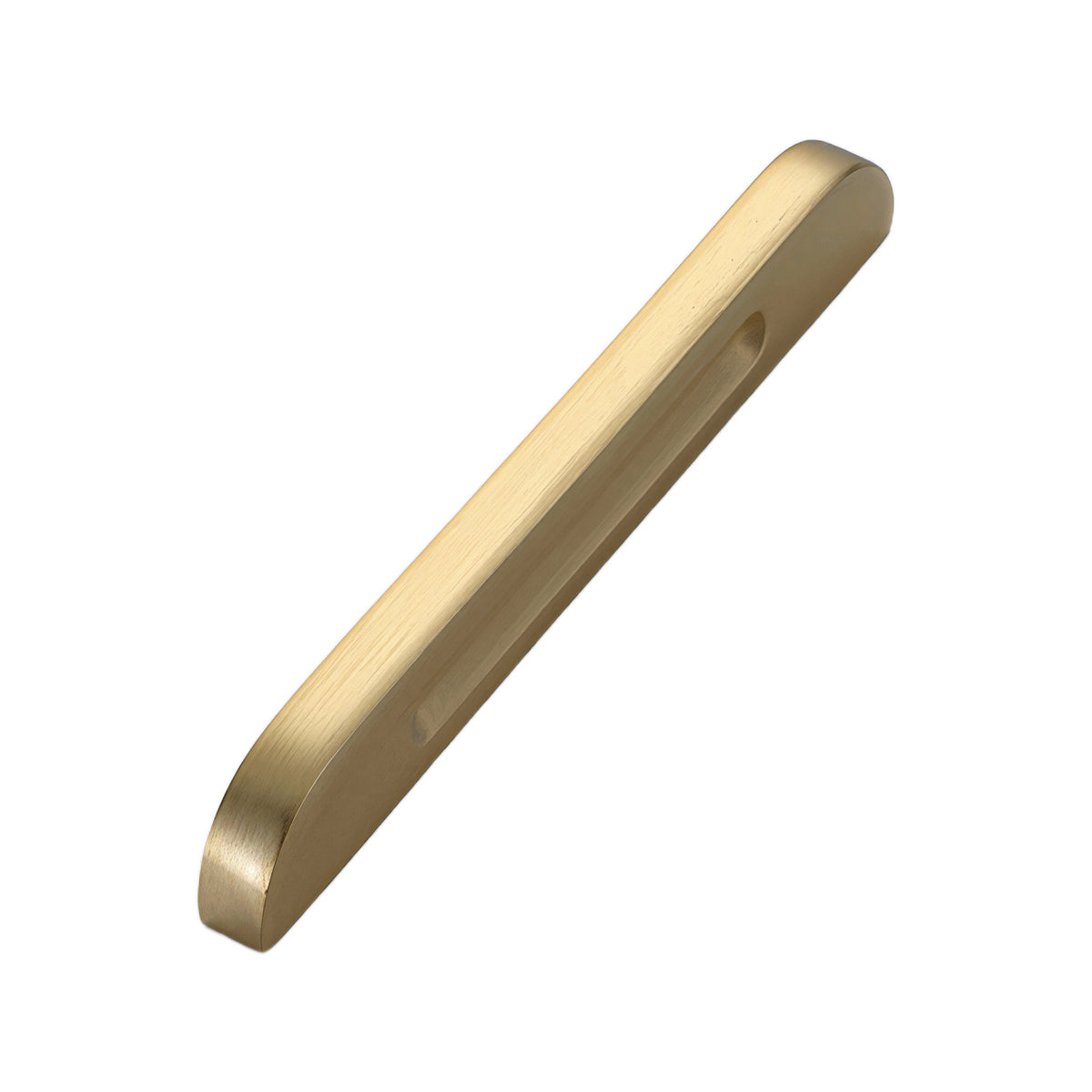 Brushed gold low-profile finger pull with a recessed underside, option No. 11, 116 mm.
