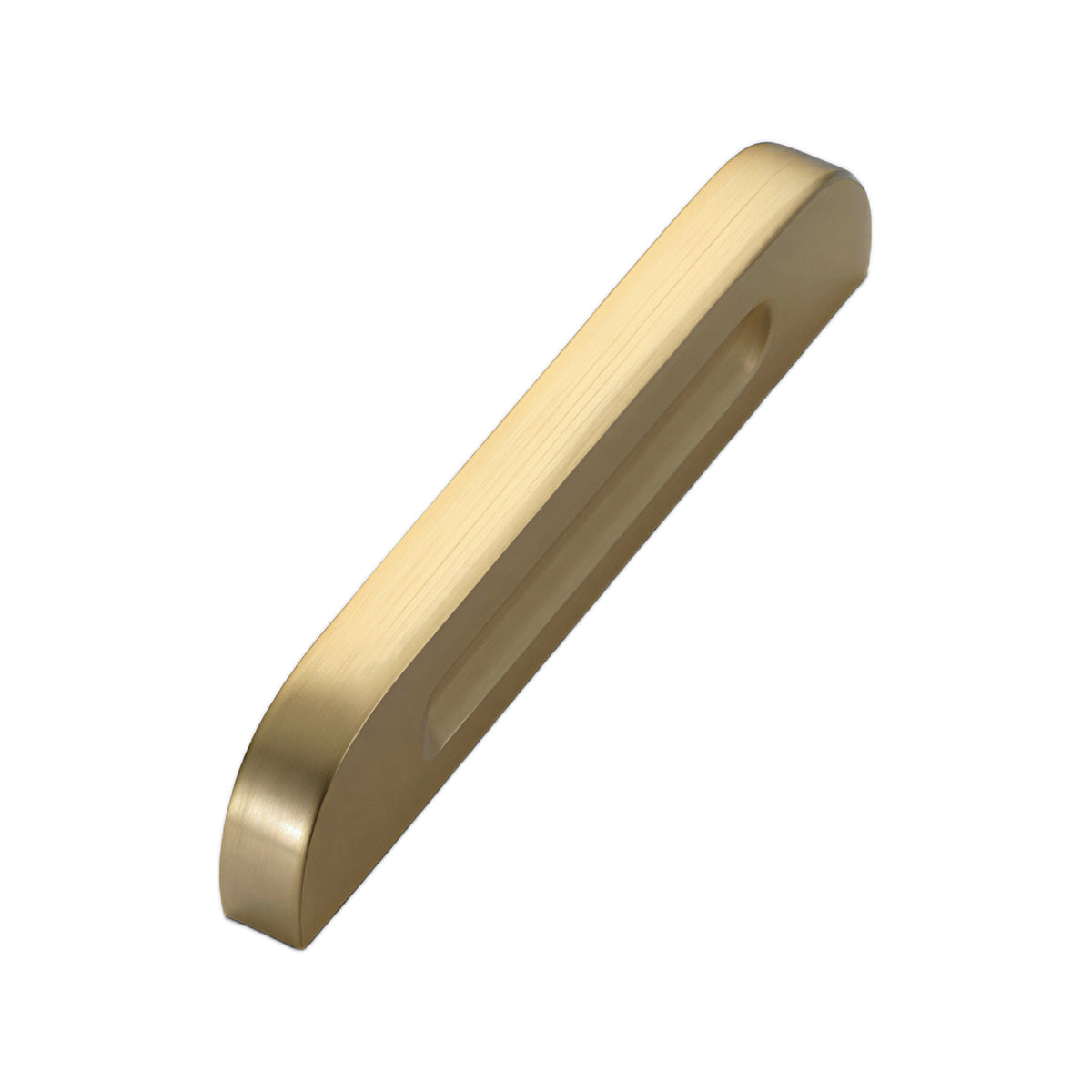 Brushed gold low-profile finger pull with a recessed underside, option No. 11, 84 mm.