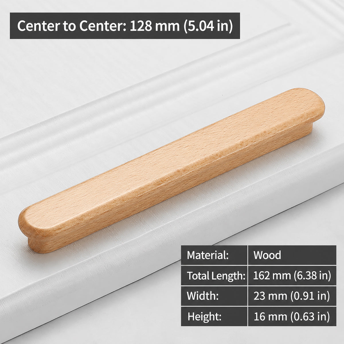 Measurements for slim rounded beech wood finger pull, 128 mm option.