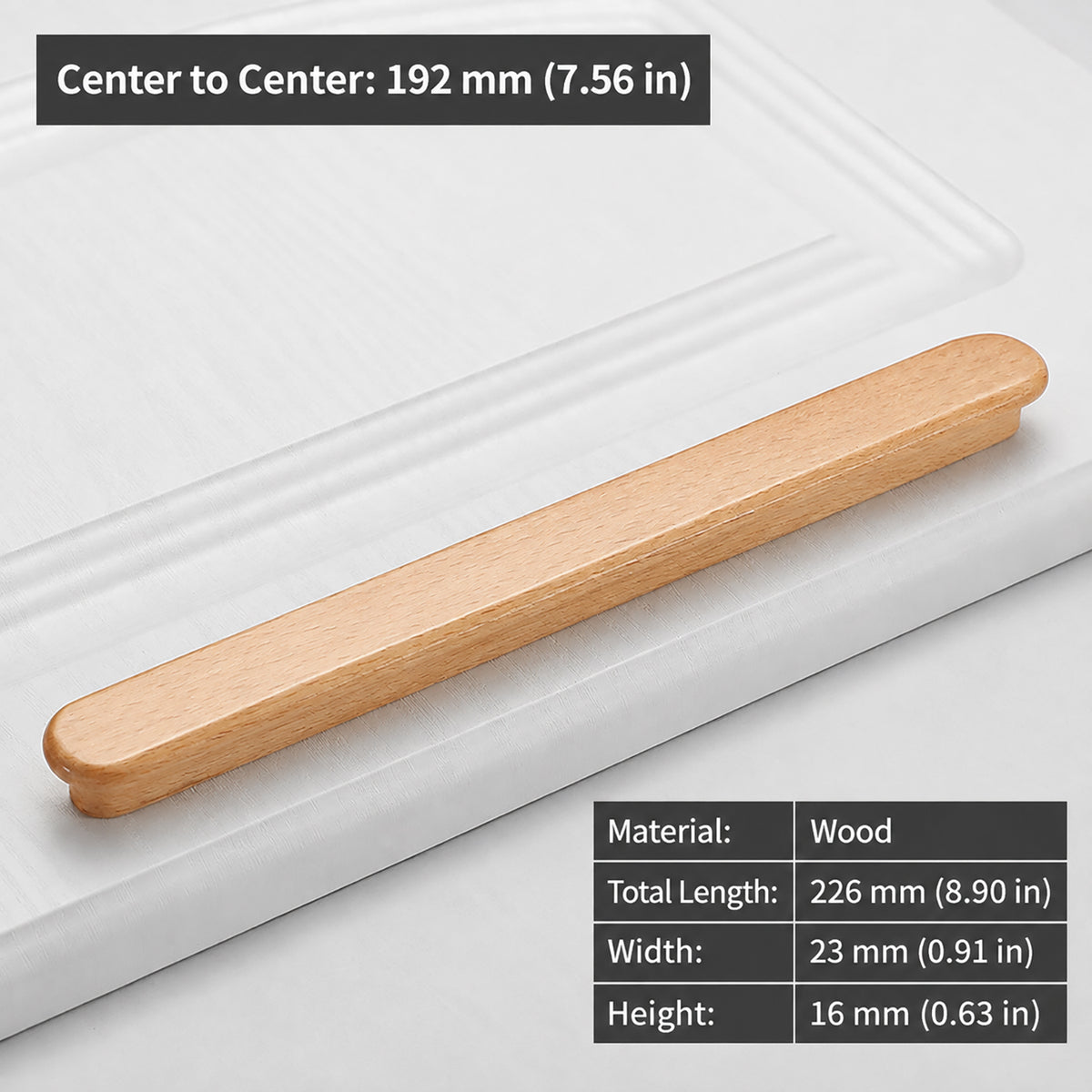 Measurements for slim rounded beech wood finger pull, 192 mm option.