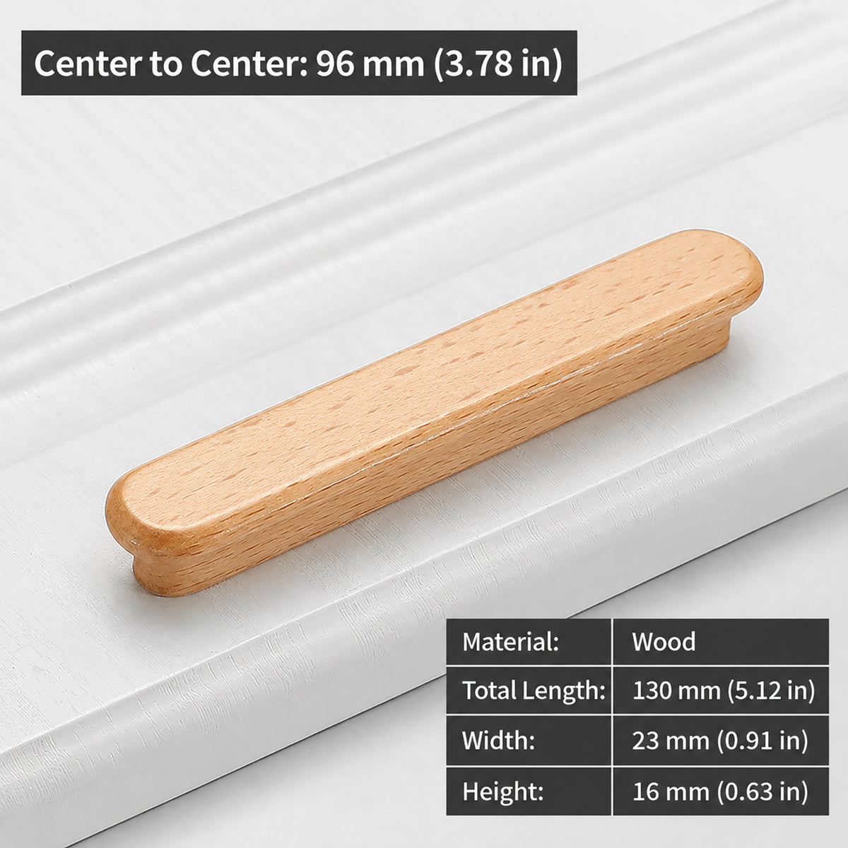 Measurements for slim rounded beech wood finger pull, 96 mm option.