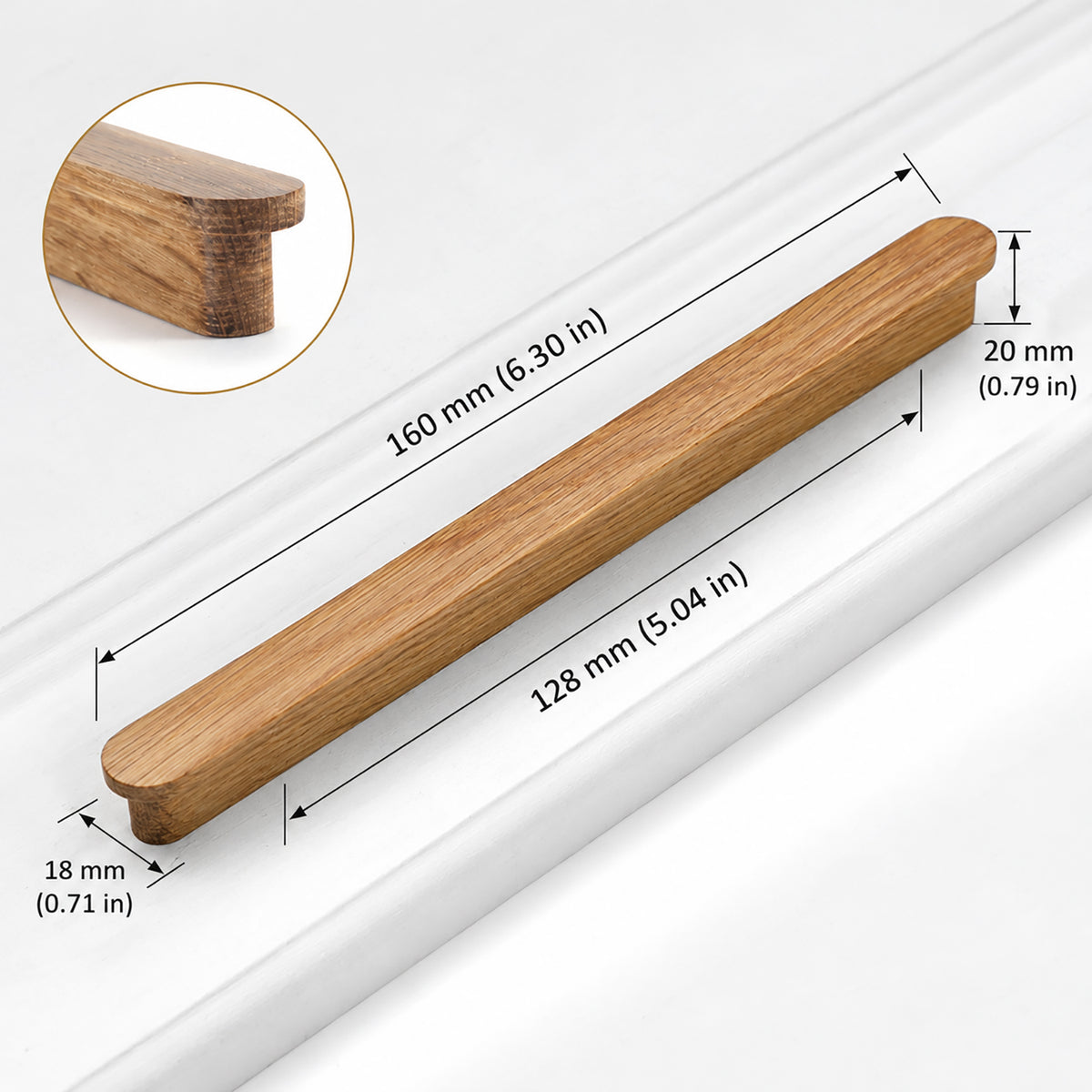 Measurement diagram for oak wood slim cabinet finger pull, 128 mm option.