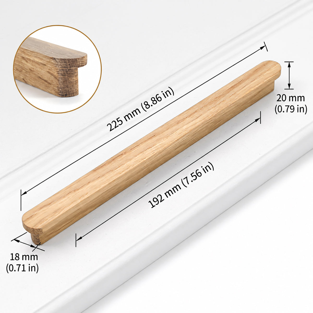 Measurement diagram for oak wood slim cabinet finger pull, 192 mm option.
