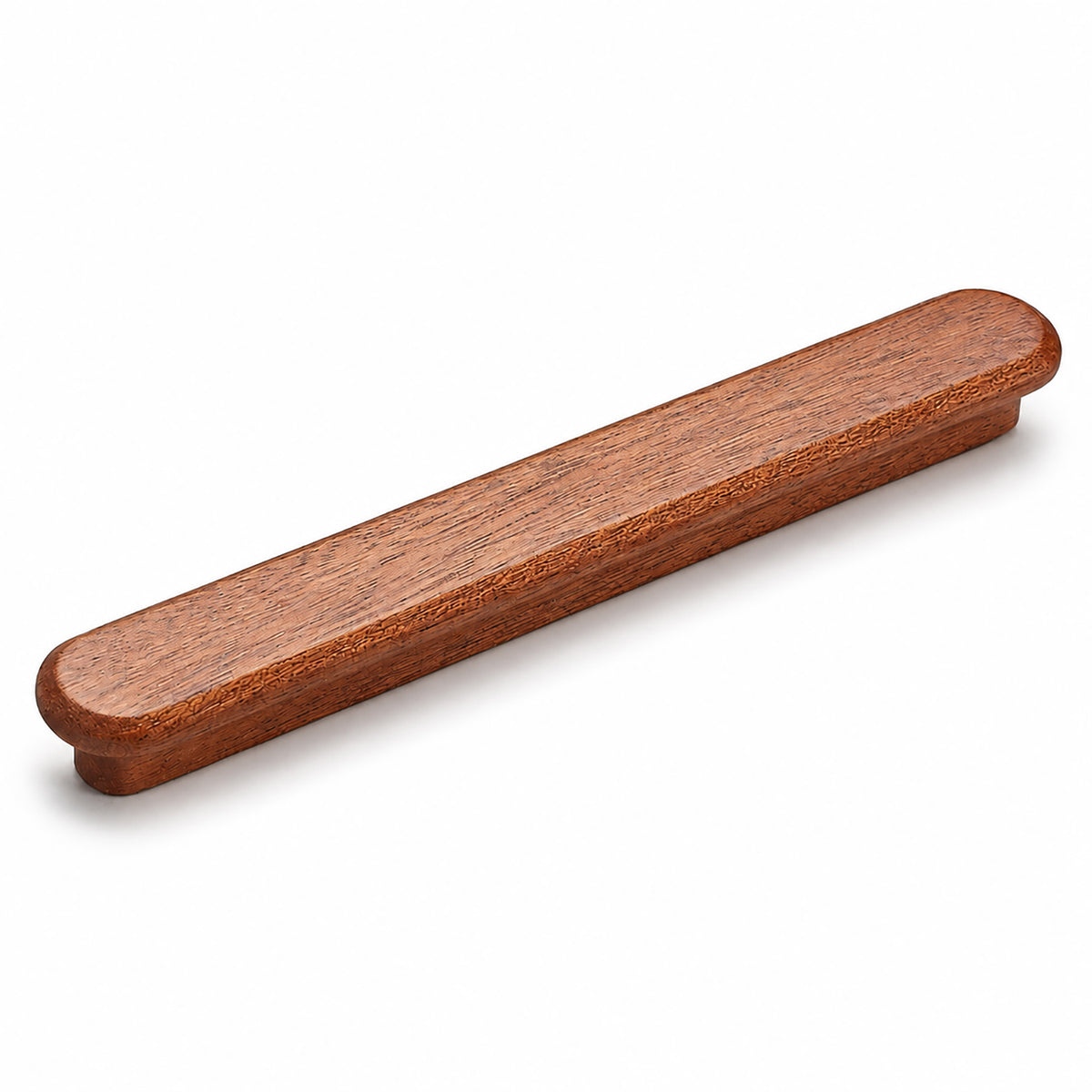 Slim rounded reddish wood finger pull, 128 mm option.