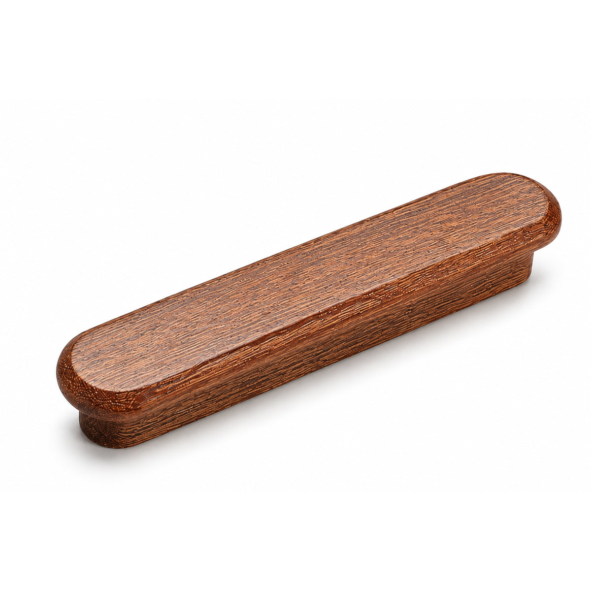 Slim rounded reddish wood finger pull, 64 mm option.