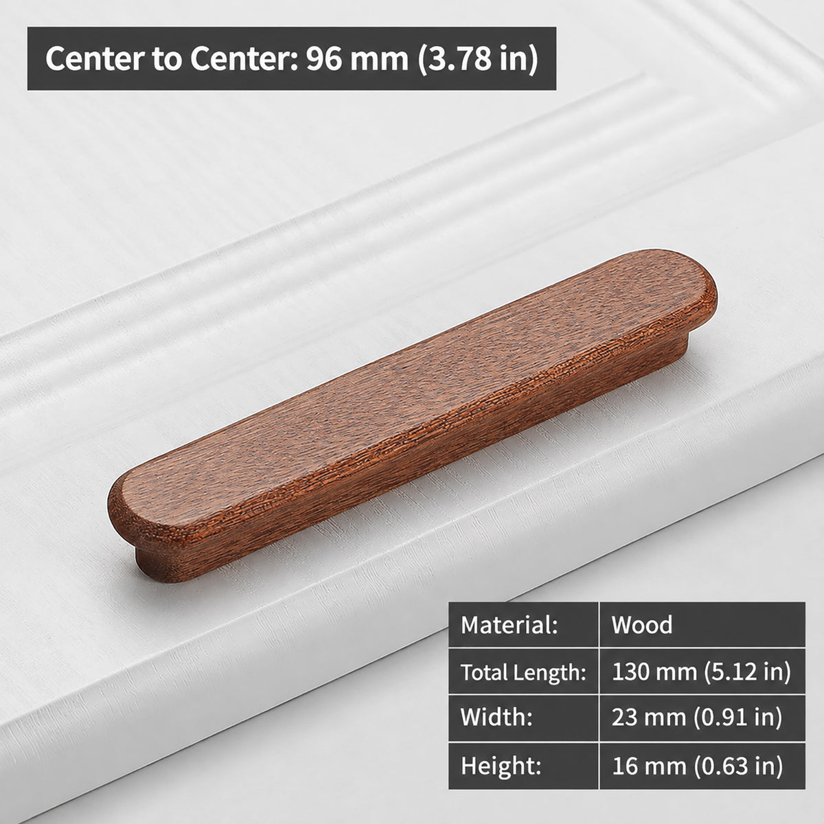 Measurements for slim rounded reddish wood finger pull, 96 mm option.