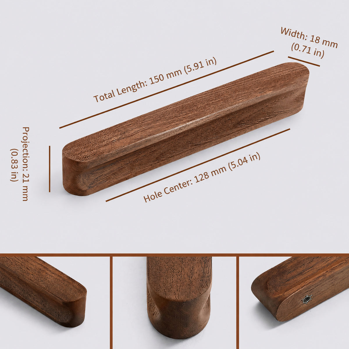 Measurements for walnut wood cabinet finger pull (128 mm).