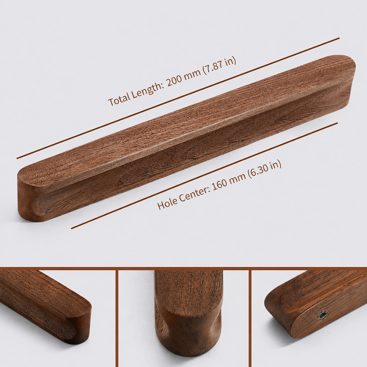 Measurements for walnut wood cabinet finger pull (160 mm).