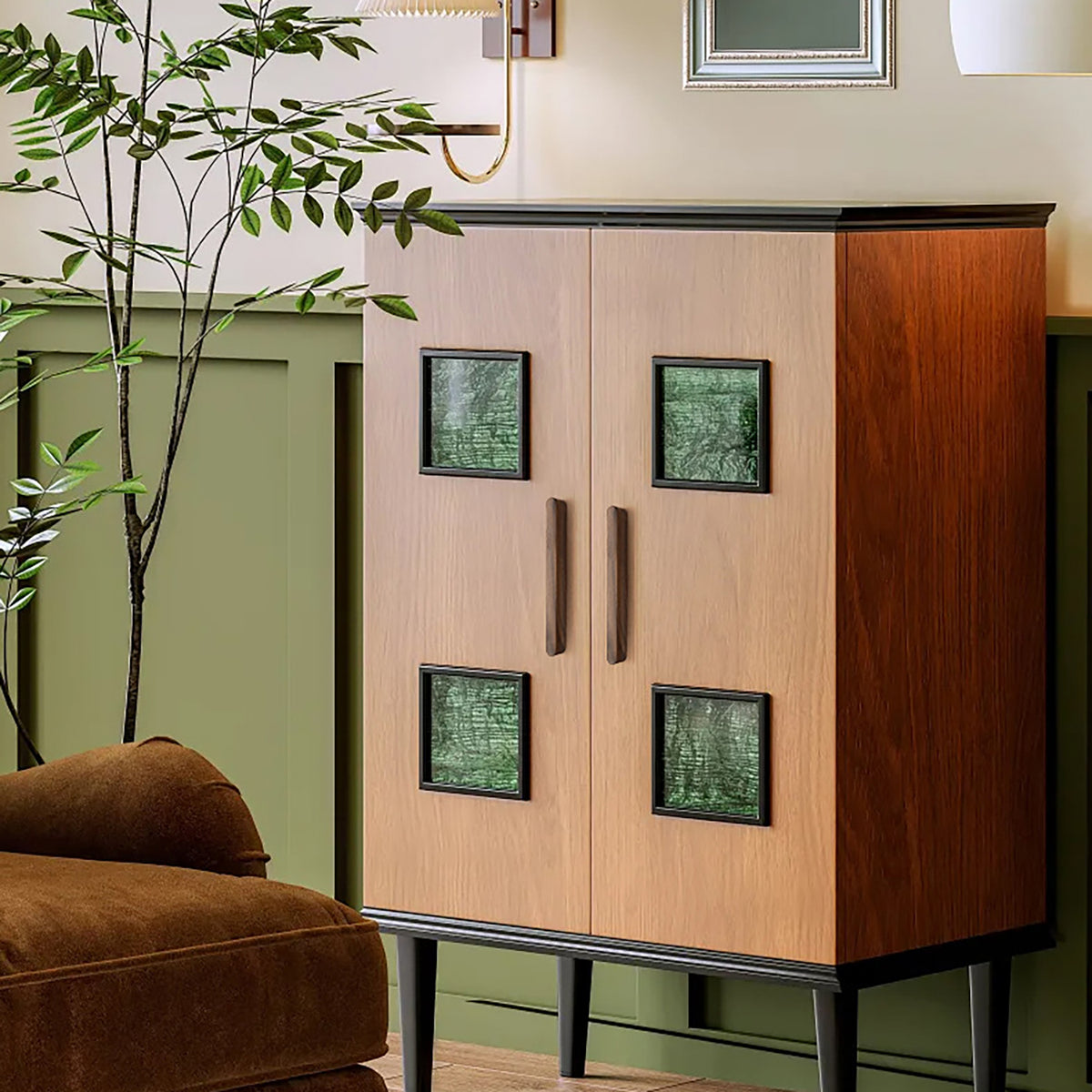 Walnut wood cabinet finger pull (160 mm) shown in a styled setting.
