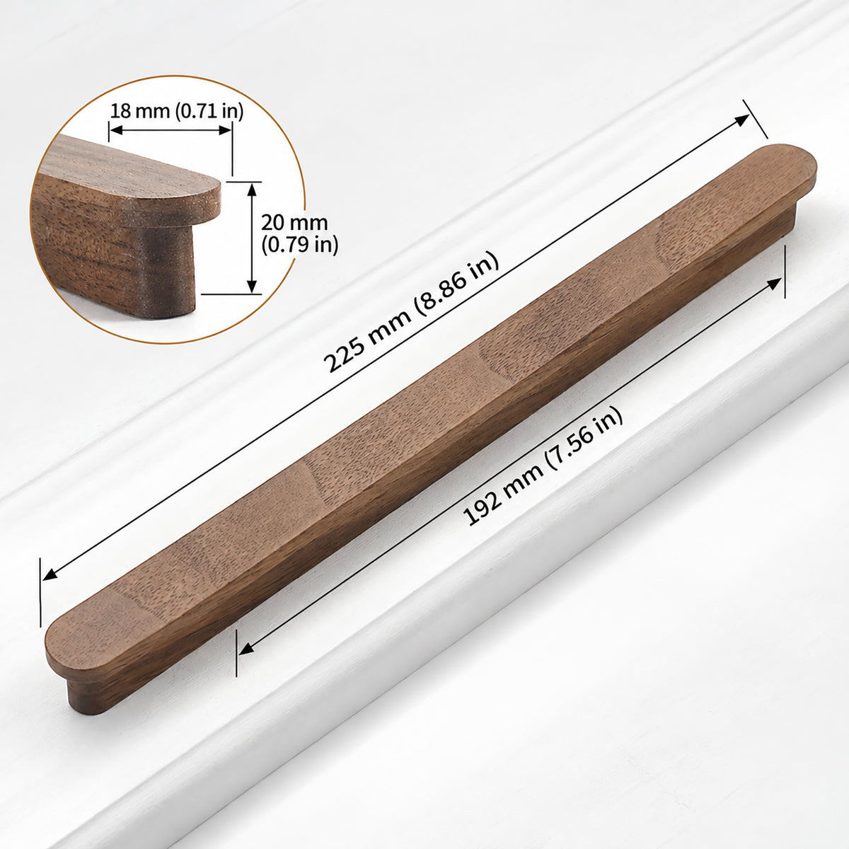 Measurement diagram for walnut wood slim cabinet finger pull, 192 mm option.