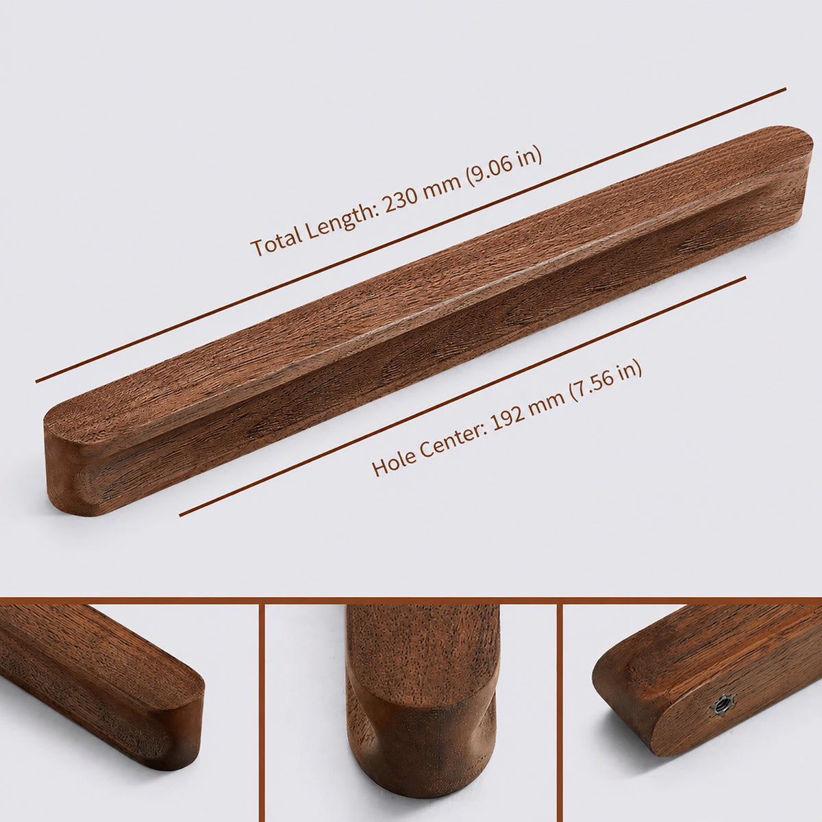 Measurements for walnut wood cabinet finger pull (192 mm).