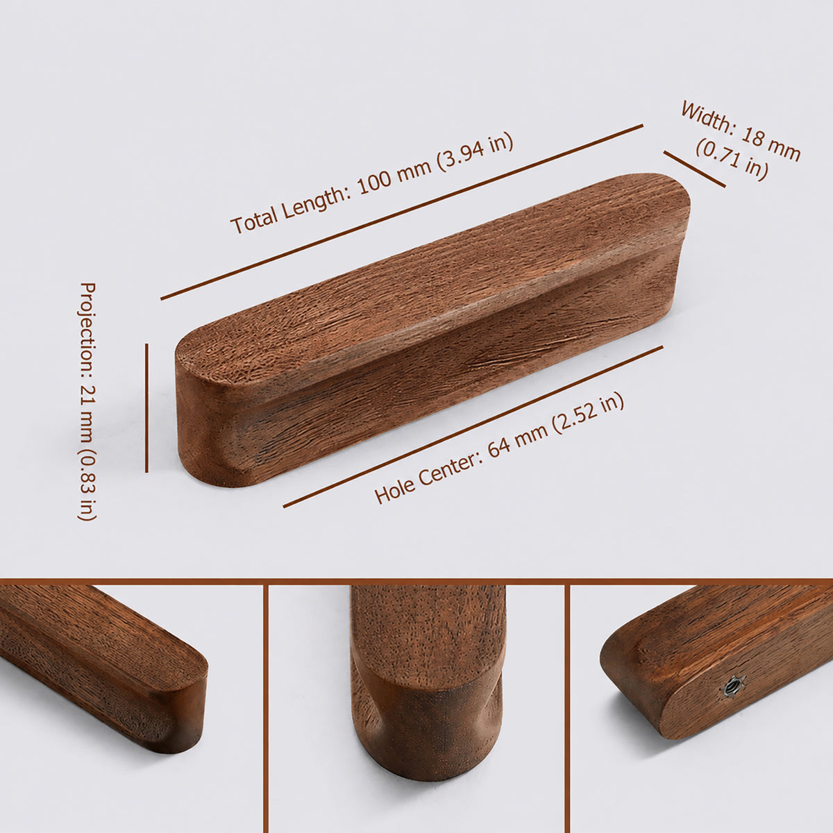 Measurements for walnut wood cabinet finger pull (64 mm).