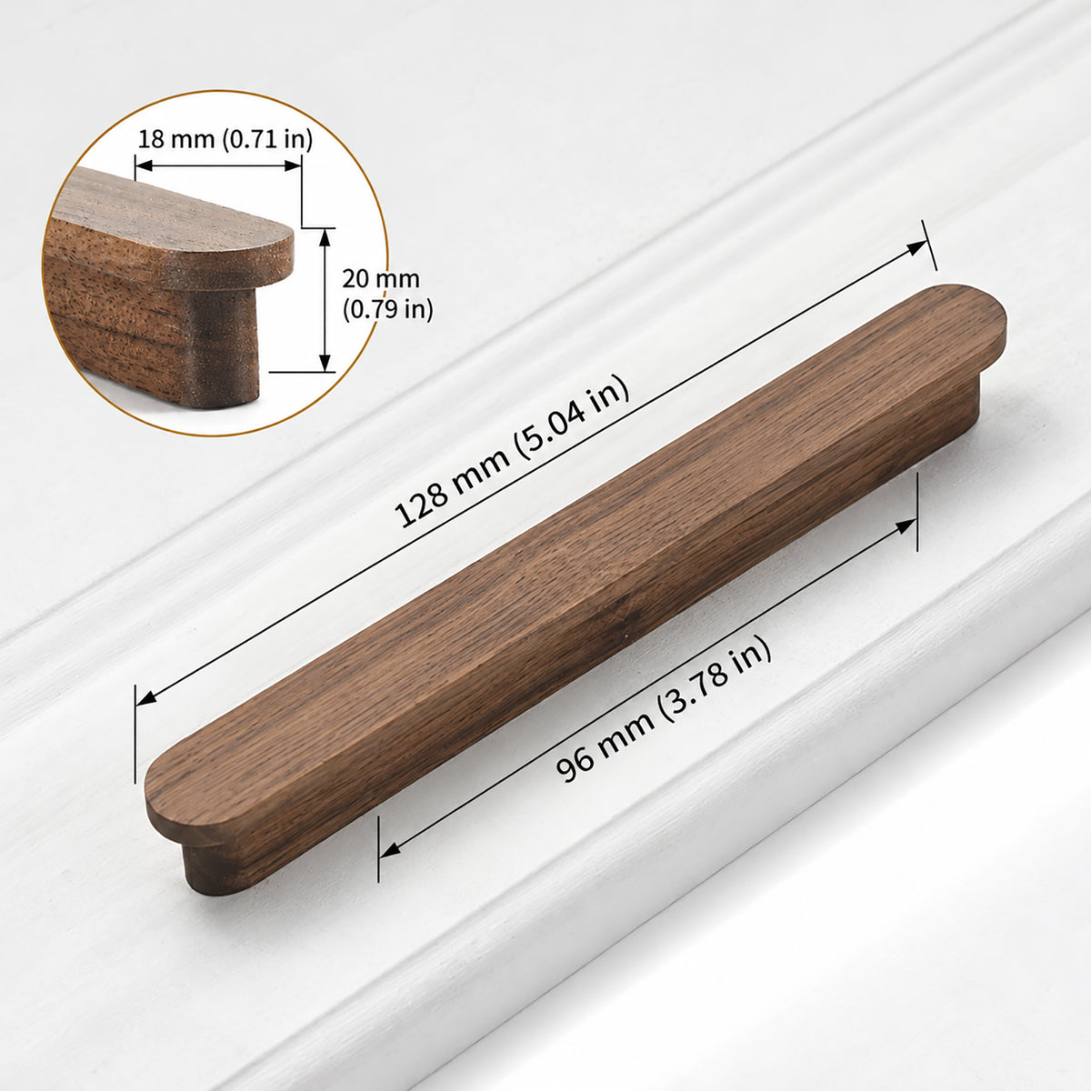Measurement diagram for walnut wood slim cabinet finger pull, 96 mm option.
