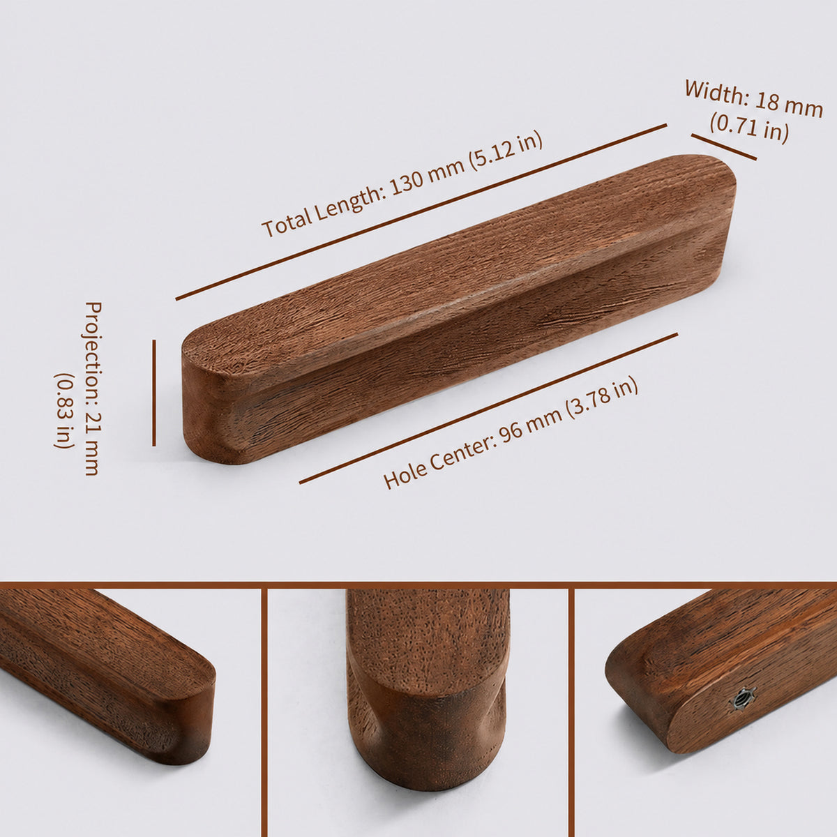 Measurements for walnut wood cabinet finger pull (96 mm).