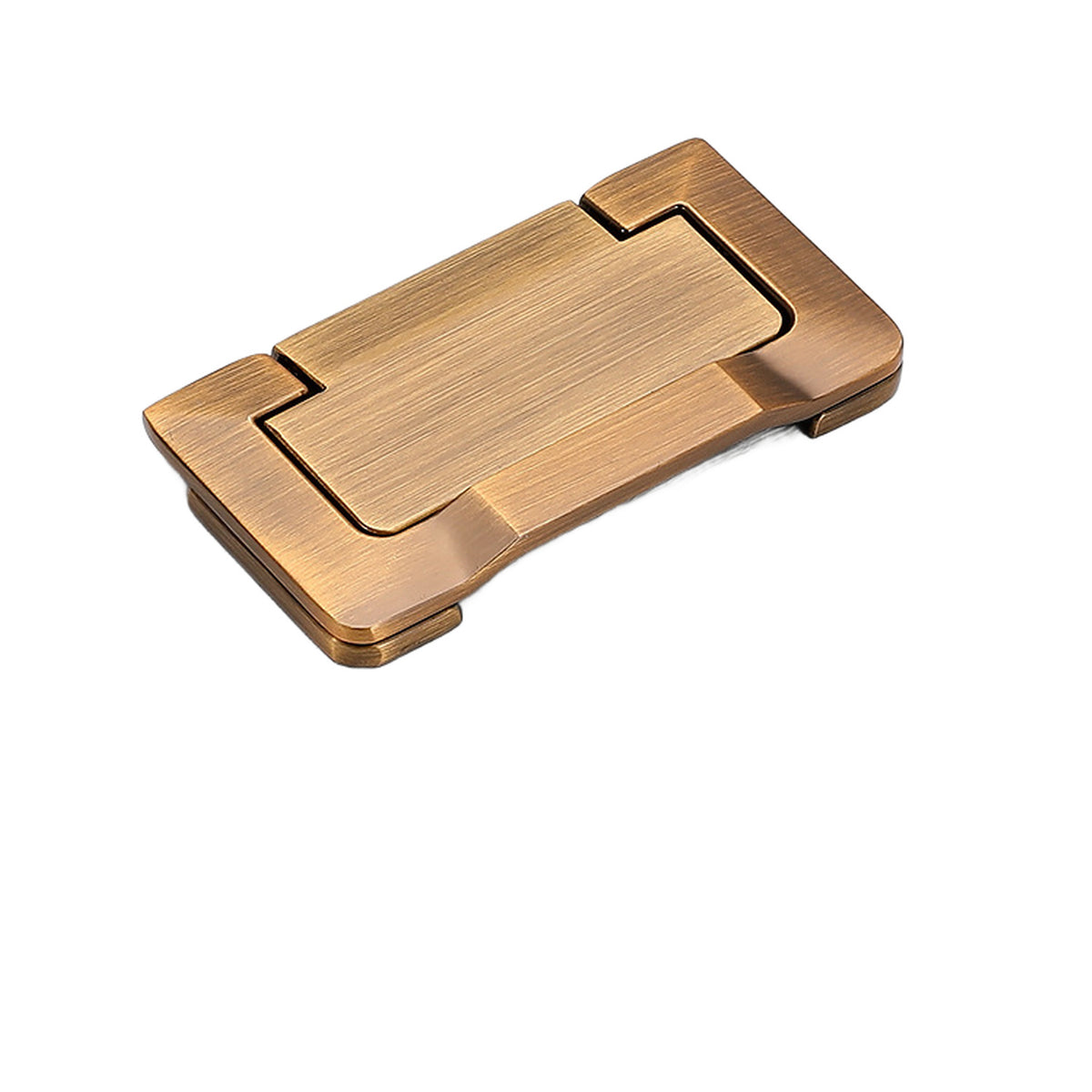 Antique brass-tone folding pull with a stepped rectangular frame and central lift tab, style No. 2, 64 mm.