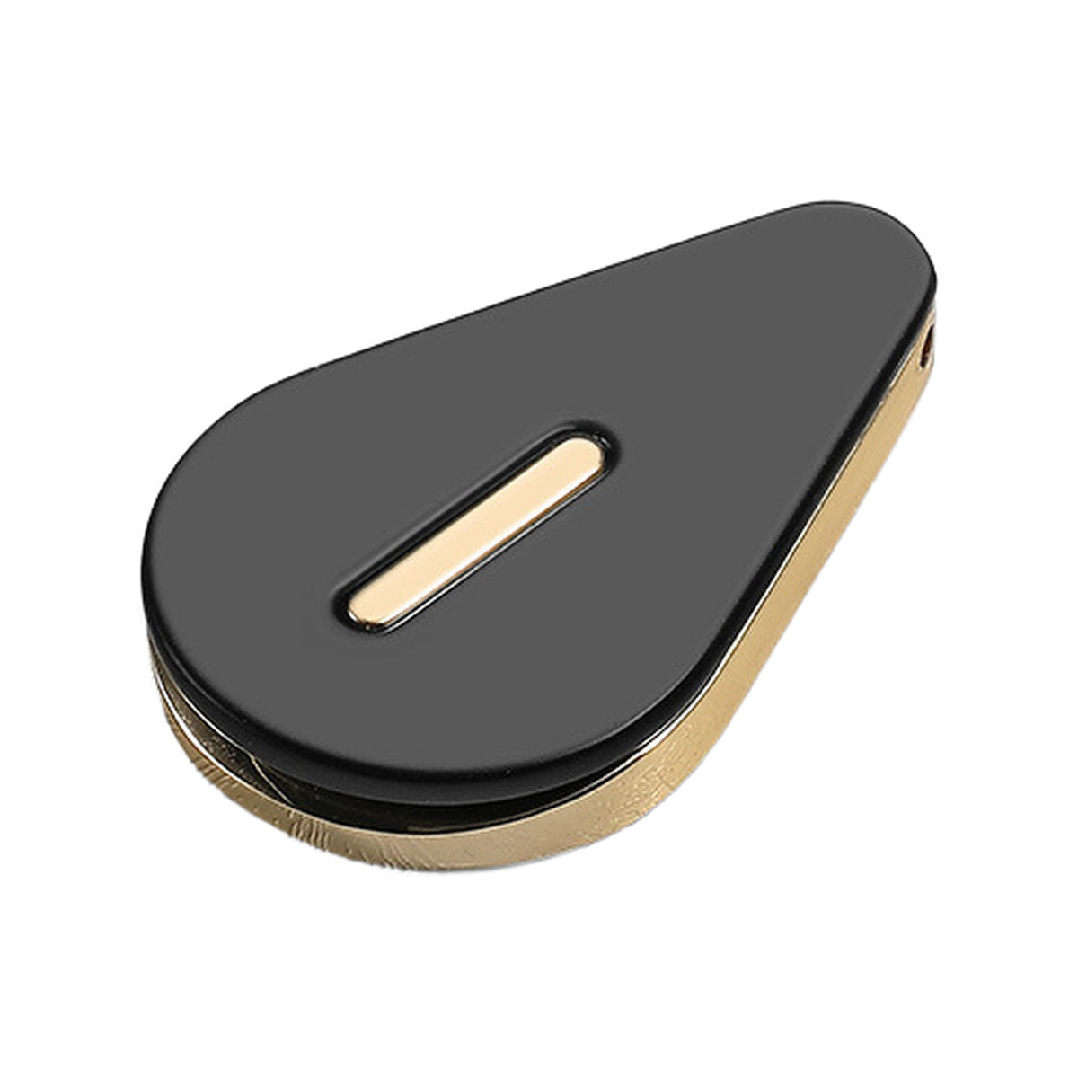 Black and gold teardrop-shaped folding pull with a central slot, style No. 2.