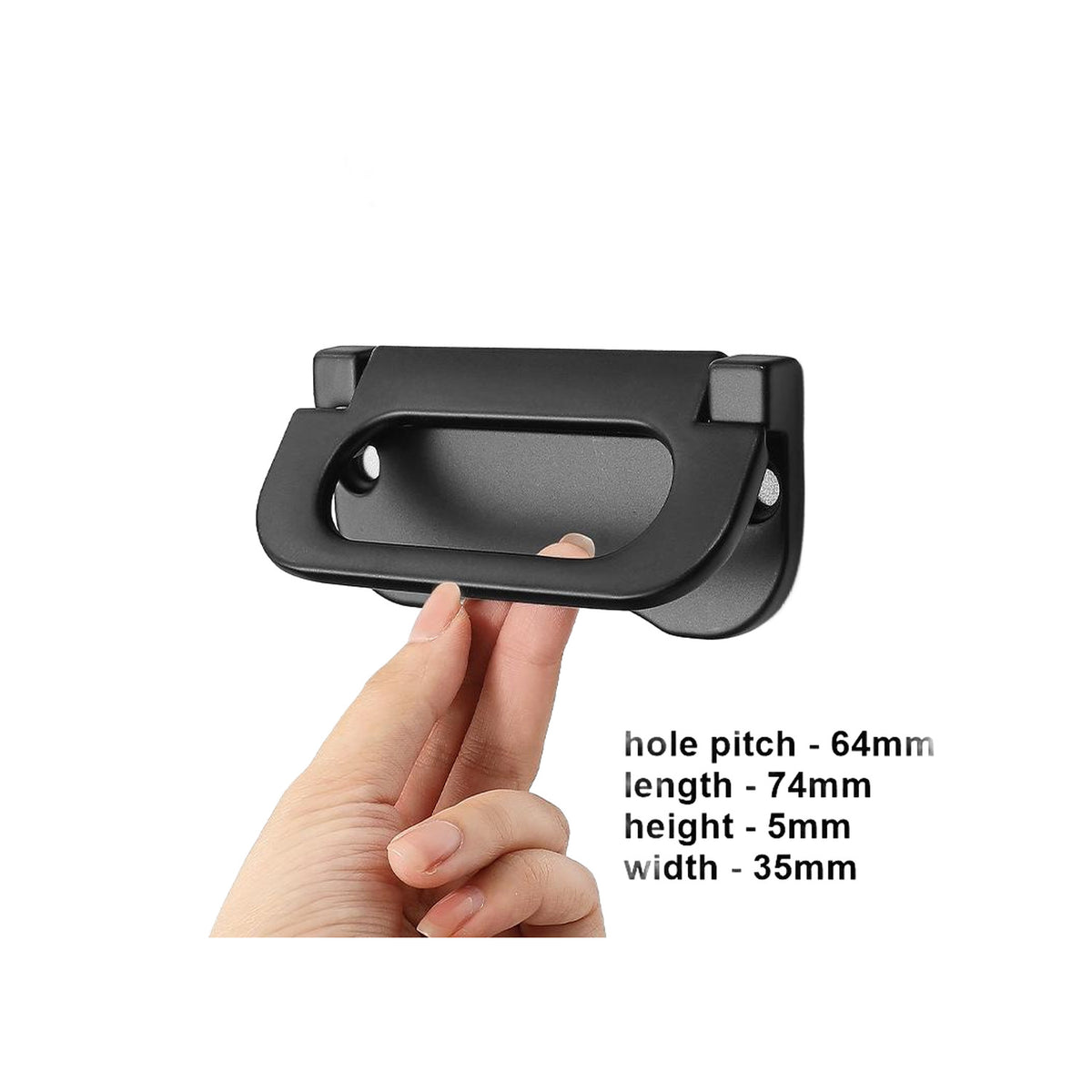 Black folding cabinet pull with lift-up grip, 64 mm hole spacing.