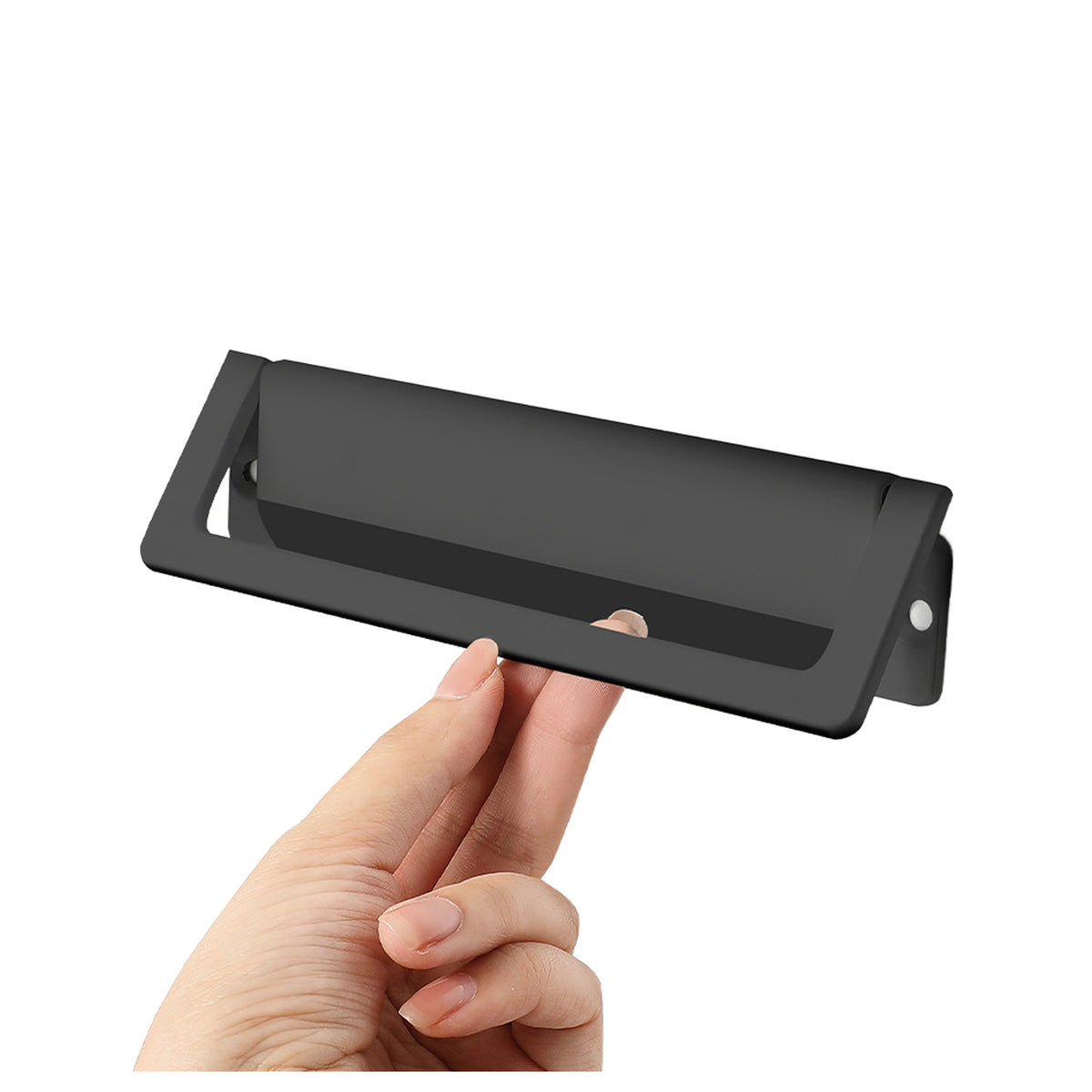 Black folding pull in a recessed rectangular frame, 128 mm.