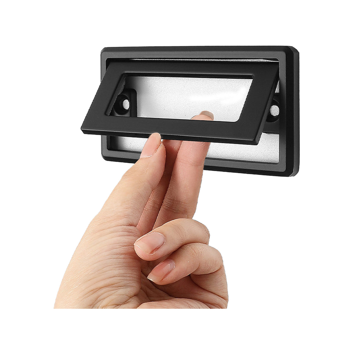 Black rectangular folding pull with an open label frame, option No. 1, 64 mm.