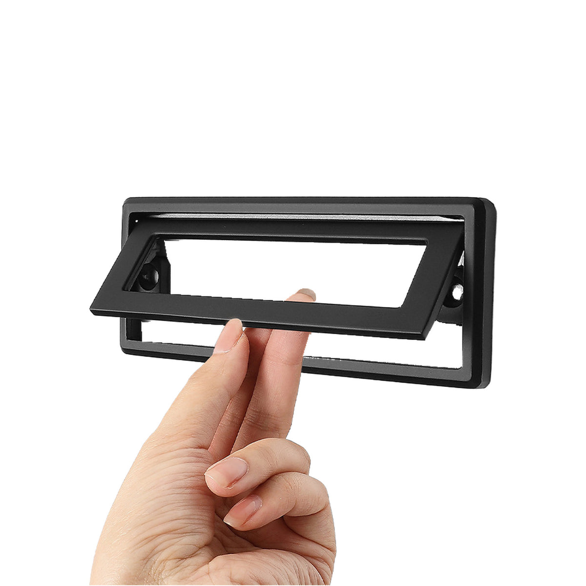 Black rectangular folding pull with an open label frame, option No. 1, 96 mm.