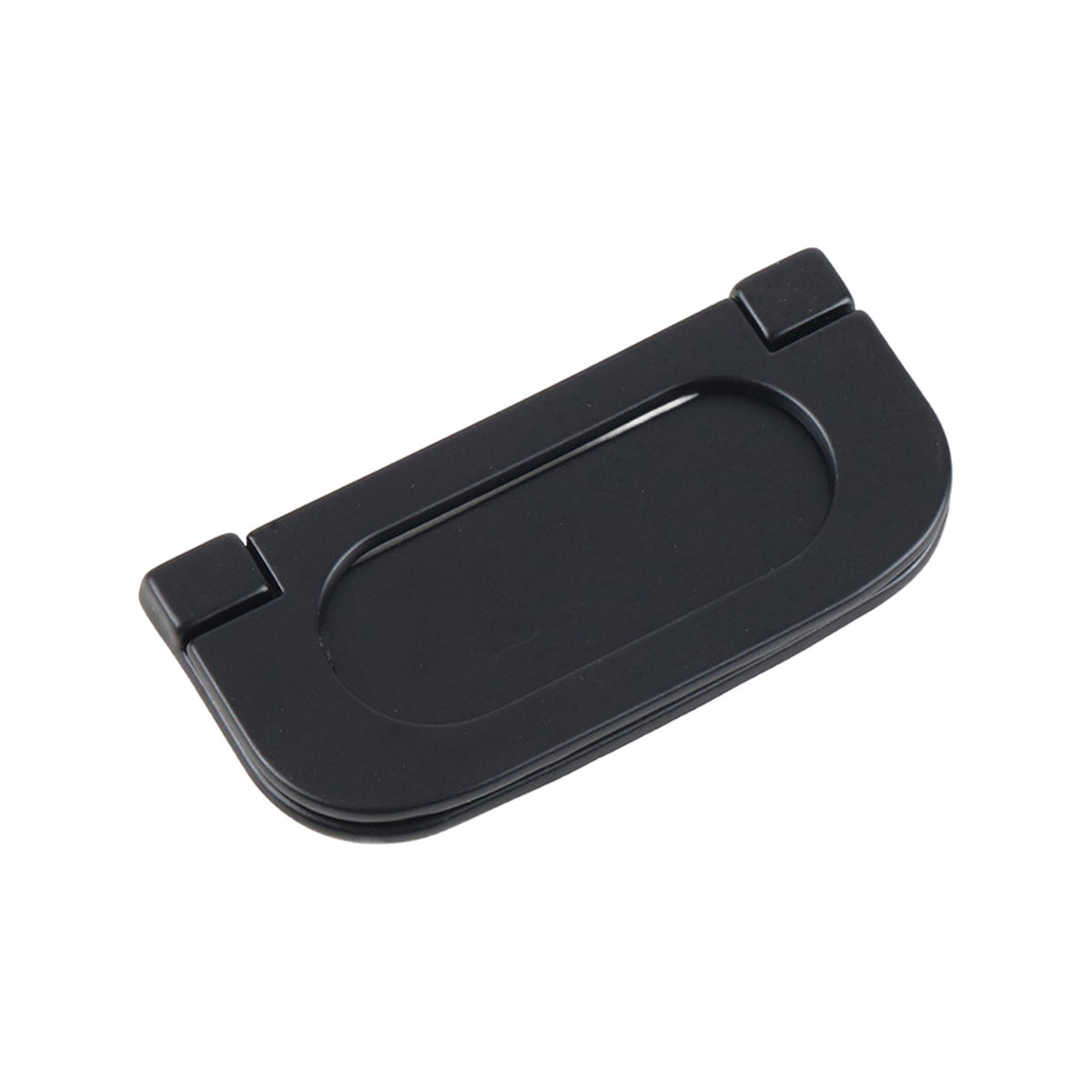 Black rectangular folding pull with a recessed oval grip, large.