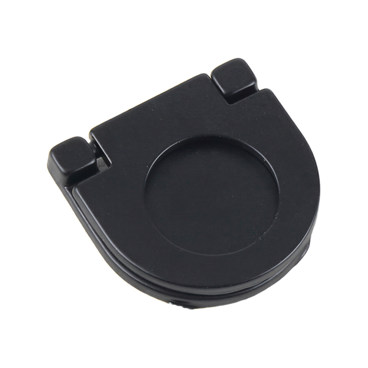 Black semicircular folding pull with a recessed round grip, small.