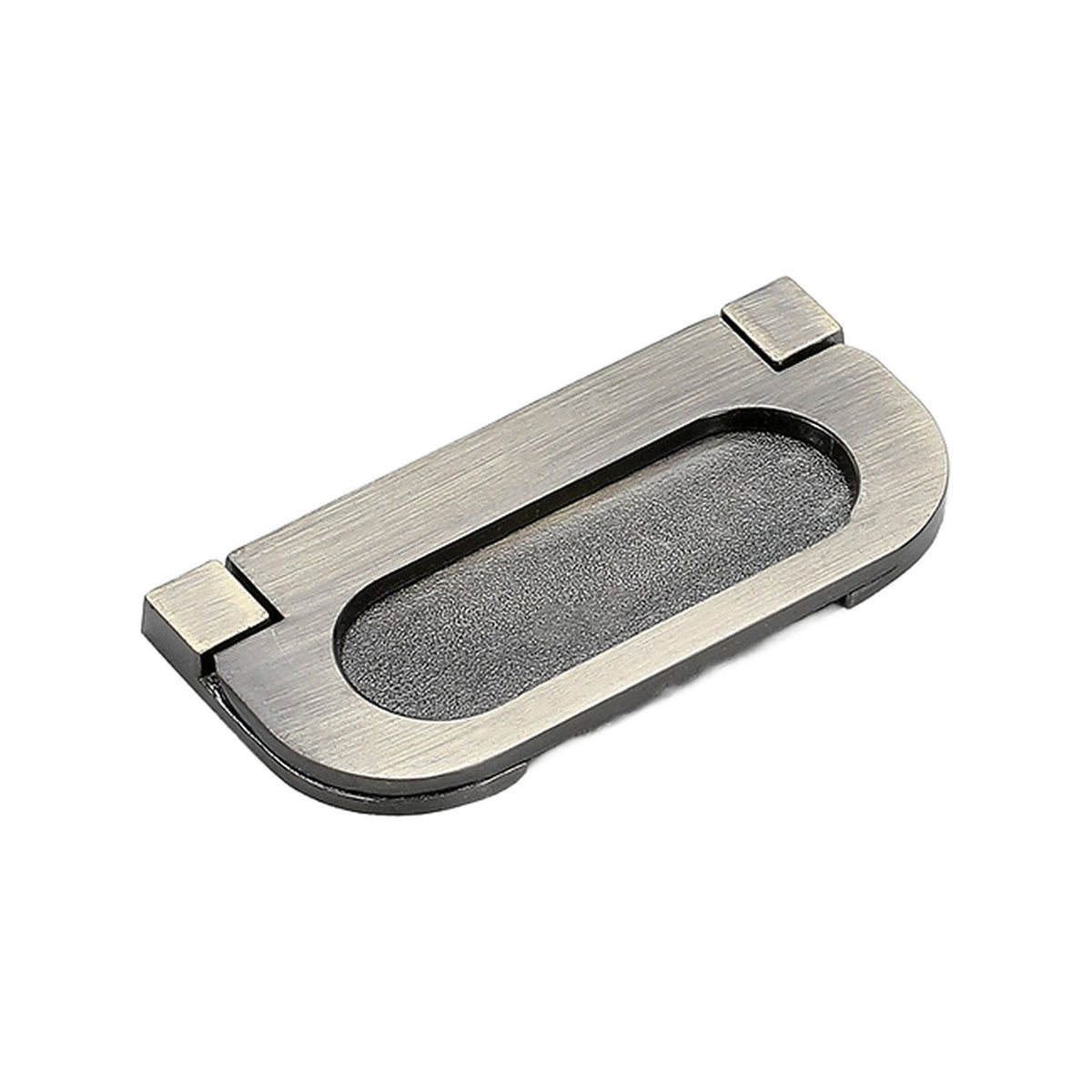 Bronze-tone oblong folding pull with a recessed finger cup, option No. 1, 64 mm.