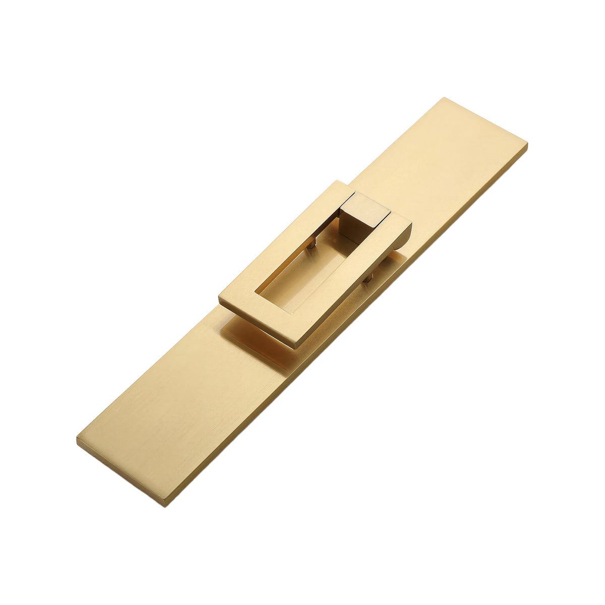 Brushed gold-tone folding pull on a long rectangular backplate, option No. 8.