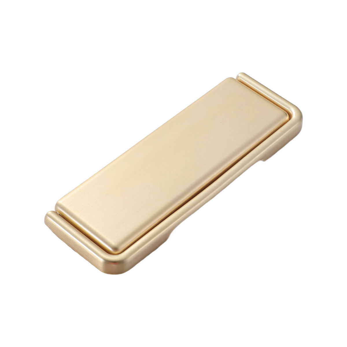 Gold-tone rectangular folding pull with a raised center panel, 115 mm.
