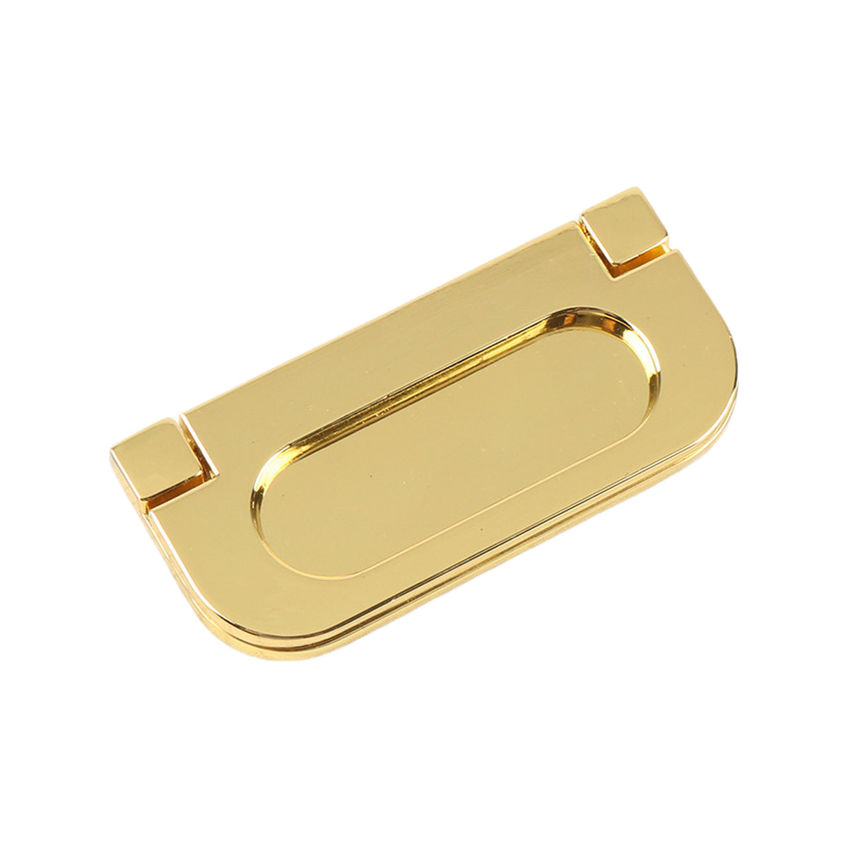 Gold-tone rectangular folding pull with a recessed oval grip, large.