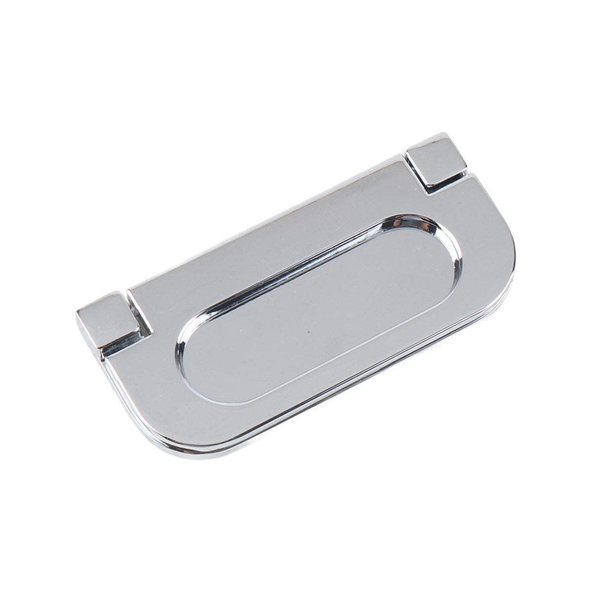 Polished silver rectangular folding pull with a recessed oval grip, large.
