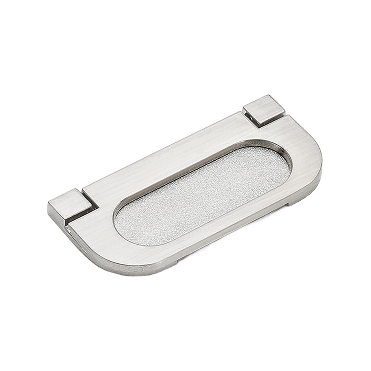 Silver-tone oblong folding pull with a recessed finger cup, option No. 1, 64 mm.