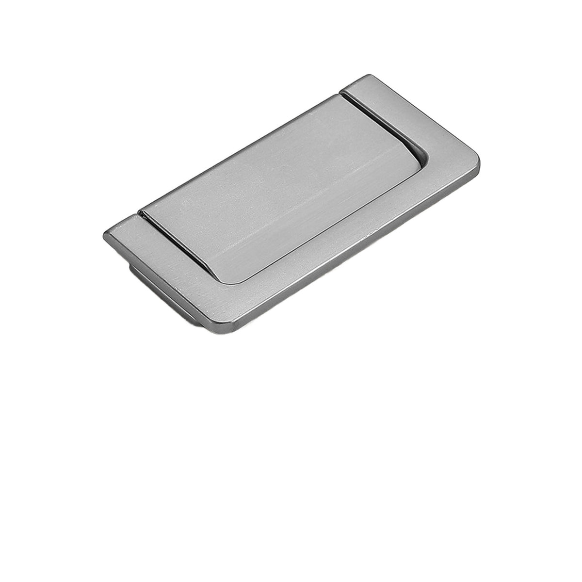 Silver rectangular folding pull with a recessed lift tab, style No. 1, 64 mm.