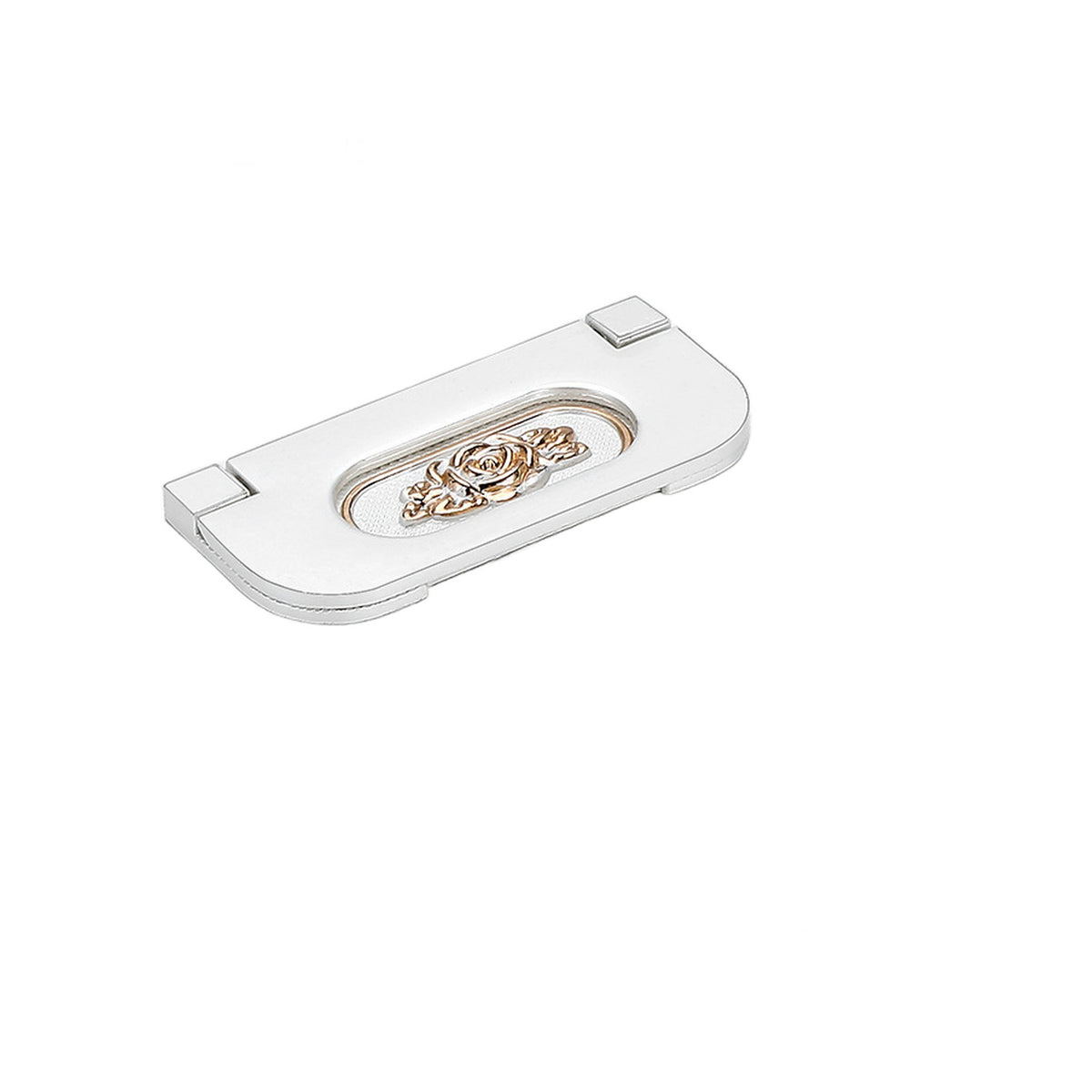 White folding pull with a gold-tone floral oval inset, style No. 1, 64 mm.