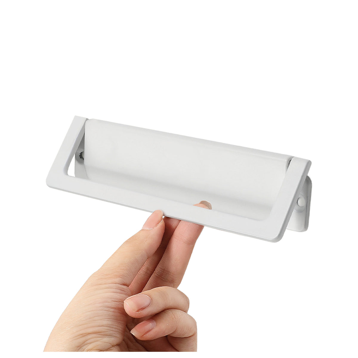 White folding pull in a recessed rectangular frame, 128 mm.