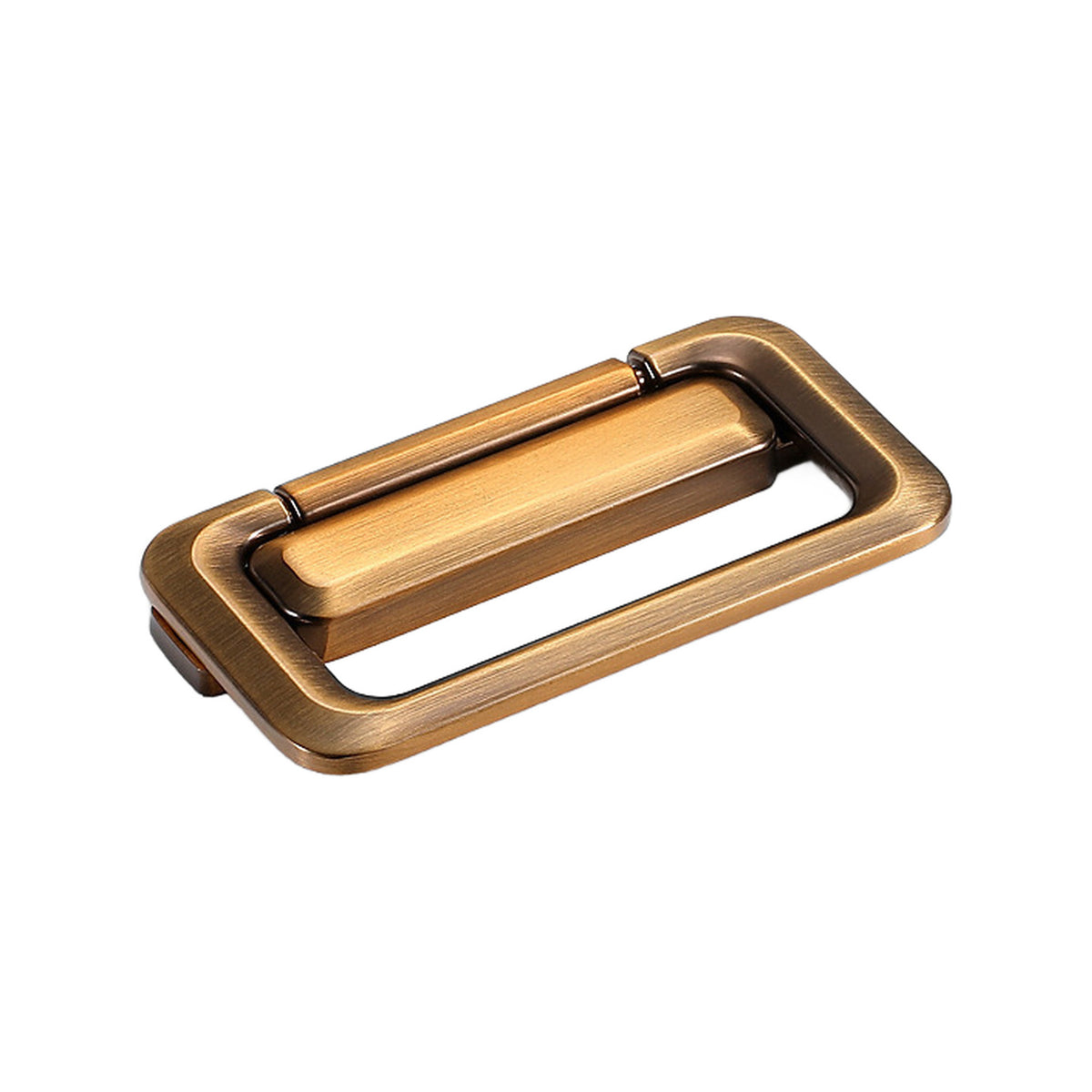 Yellow bronze-tone rounded rectangular folding pull with a hinged center bar, option No. 3, 64 mm.