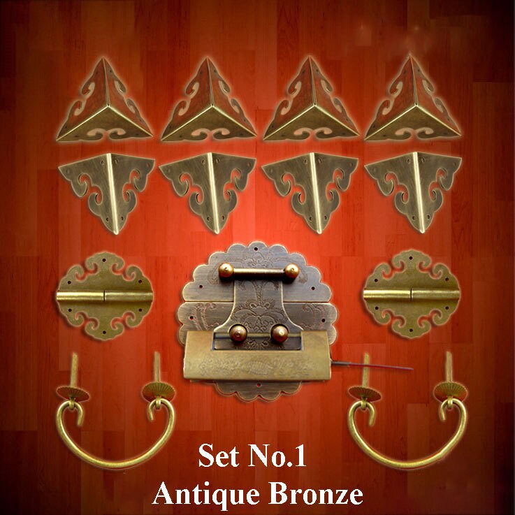 Ancient Antique Bronze/Brass Tone Brass Set Round Lock Latch Triangle Corner Protector Hinge Knob Furniture Decorative Box Cabinet  Decor